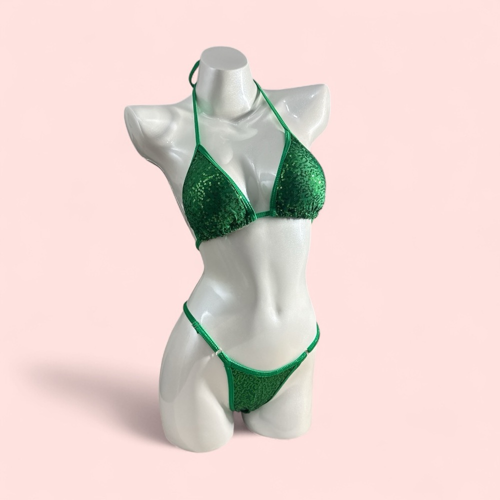 Competition posing suit Kelly Green Sequin Bikini Set